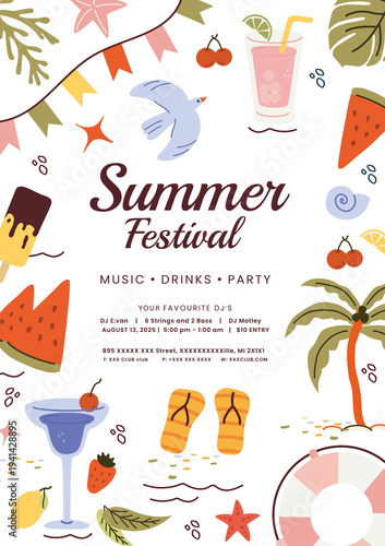 Summer, background, card of trend elements: sun, palm tree, dessert, glasses, ice cream. Fashionable modern art. Cartoon, minimalistic, abstract art Nouveau style. art template for summer  banner, png