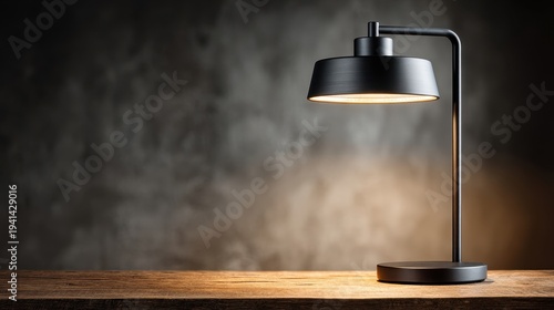 Modern Black Desk Lamp Illuminating Rustic Wooden Table Against Dark Background