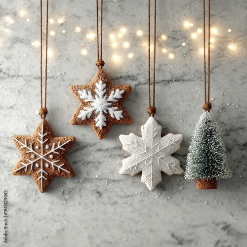 Festive Christmas Gingerbread Cookies and Tree Ornament Hanging on Marble