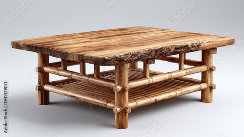 Rustic Bamboo Coffee Table with Wooden Top on White Background