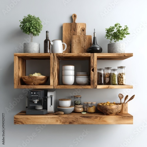 Rustic Wooden Shelves with Kitchenware, Food, and Decor Against a Gray Wall