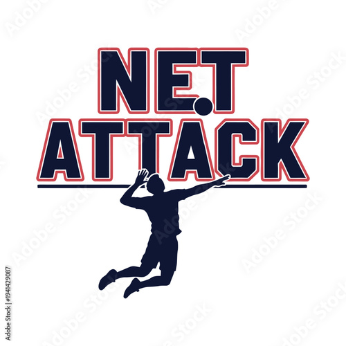 Volleyball player in action with Net Attack logo tshirt design