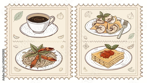 Italian cuisine postage stamps with pasta coffee and desserts featuring various traditional dishes on beige background with green