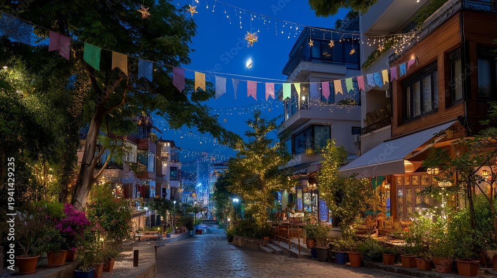 Fototapeta premium Ramadan street decorations transform neighborhood with illuminated crescents and stars, colorful fabric banners span between buildings, families stroll beneath festive lights during evening hours,
