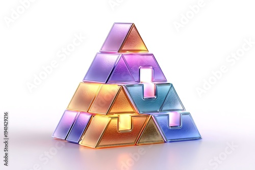 A colorful pyramid structure made of shiny magnetic tiles on a white background