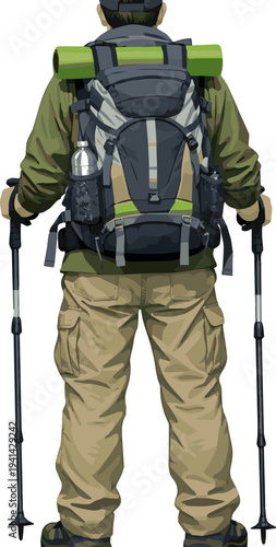 Isolated a realistic man wearing hiking clothes and a backpack for trekking or travel, standing back vector art with white background.