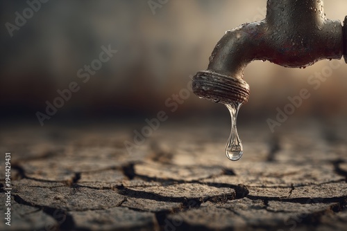 A close-up of a single water drop falling from an old metal faucet above cracked earth, highlighting issues of water scarcity and environmental concerns
