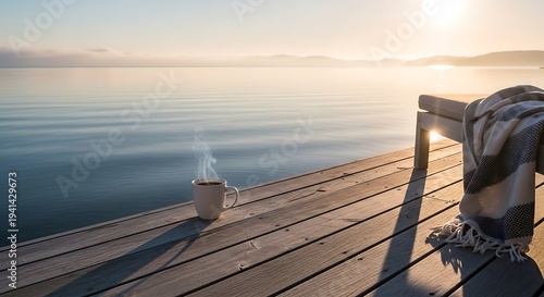 Wallpaper Mural Quiet holiday morning at seaside, wooden deck with coffee cup overlooking calm ocean. Torontodigital.ca