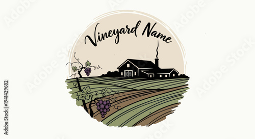 Hand-drawn vineyard landscape with a charming farmhouse and grapevines under Vineyard Name text.