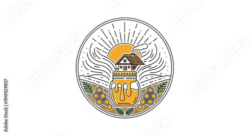 Honey jar with a house and sun rays in a circular emblem design.