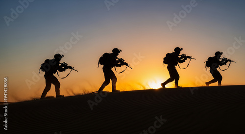 Soldier Silhouette Sunset, silhouette of three soldiers moving in formation across a desert dune, fine sand particles blowing in the wind catching the backlighting