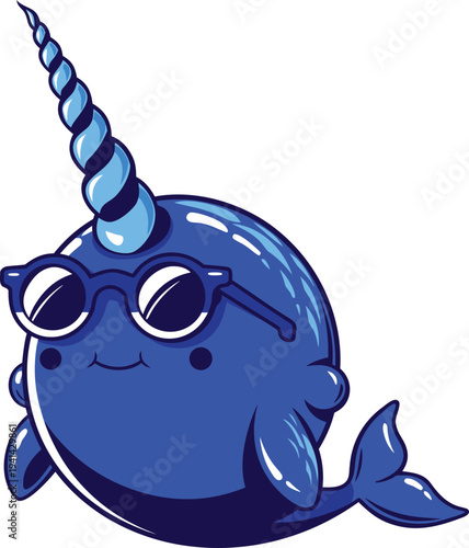 Cute blue narwhal with glasses vector illustration flat design