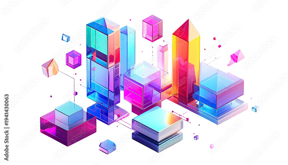 Fototapeta premium Geometric city with transparent, glowing cubes and prismatic structures on black