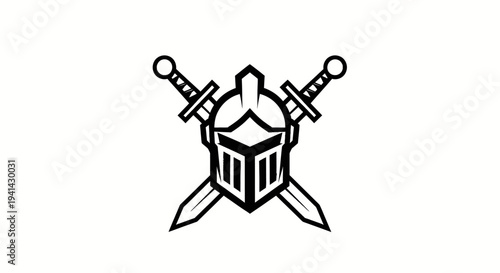 Medieval Knight Helmet Crossed Swords Emblem Symbol.