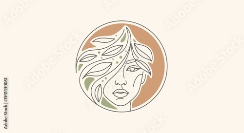 Minimalist Line Art Woman with Leaf Hair in Circle Logo.