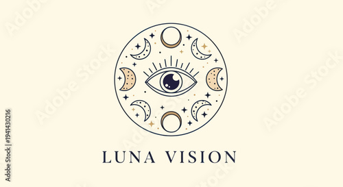 Mystical Eye Surrounded by Moon Phases and Stars.