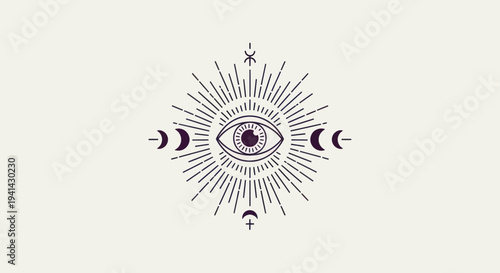 Mystical Eye Symbol with Celestial Phases and Sunburst Rays.