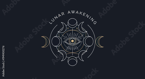 Mystical Lunar Awakening Eye Symbol with Moon Phases and Geometric Design.