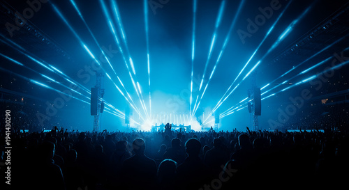 Stadium Crowd Silhouette, A dense crowd profile at a night event, sharp silhouettes against electric blue and cyan volumetric stage beams