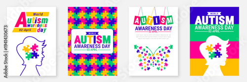 World Autism Awareness Day April 2nd Poster or book cover Collection bundle set. Colorful Puzzle Piece Patterns, Handprints, and Child Silhouettes for Neurodiversity Advocacy, Education, and Inclusive