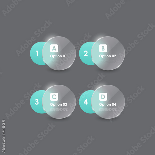 3D glass effect Business infographic with a modern layout design consisting of four circular elements