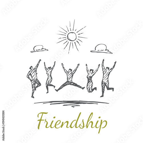 Friendship Sketch - happy friends jumping under the sun