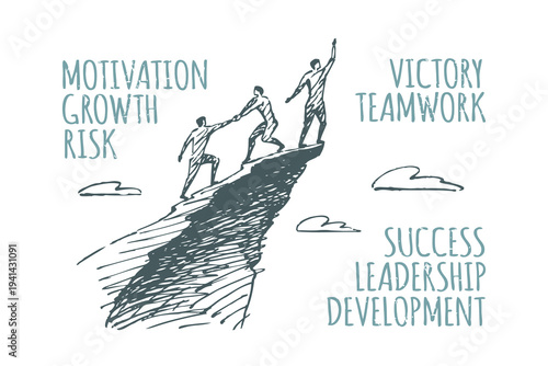 Leadership Growth Sketch - team climbing to mountain peak