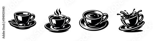 Black and white coffee cups silhouette vector illustration set with splash effect
