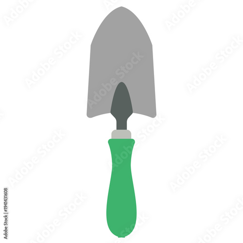 Garden trowel with green handle perfect for digging small holes, planting, transplanting, and detailed garden work with flat design illustration style.