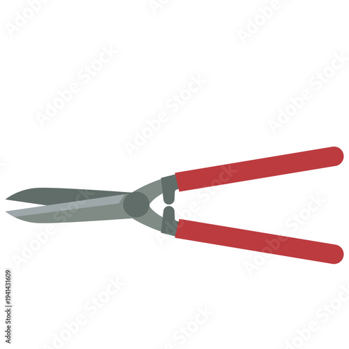 Hedge shears with red handles ideal for trimming hedges, shaping bushes, pruning branches, and garden maintenance with flat design style.