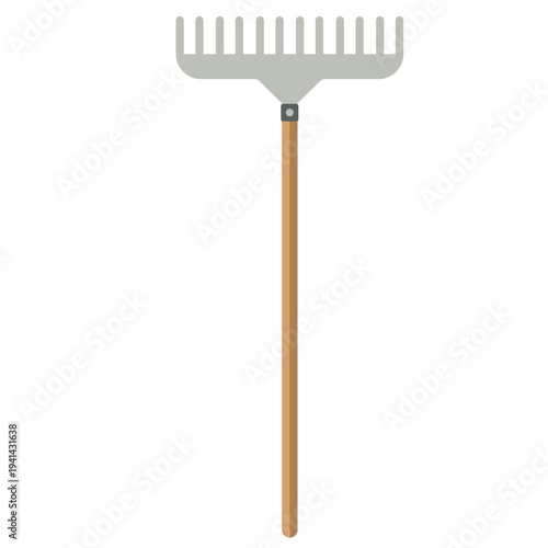 Garden rake perfect for leveling soil, gathering leaves, yard cleanup, and garden maintenance with flat design illustration style.