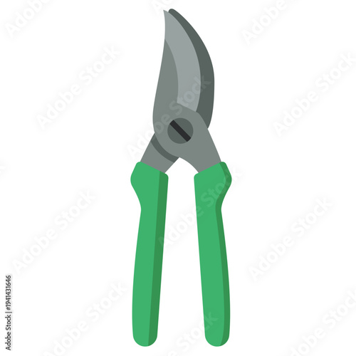 Pruning shears with green handles ideal for cutting branches, trimming plants, pruning, and garden maintenance with flat design illustration style.