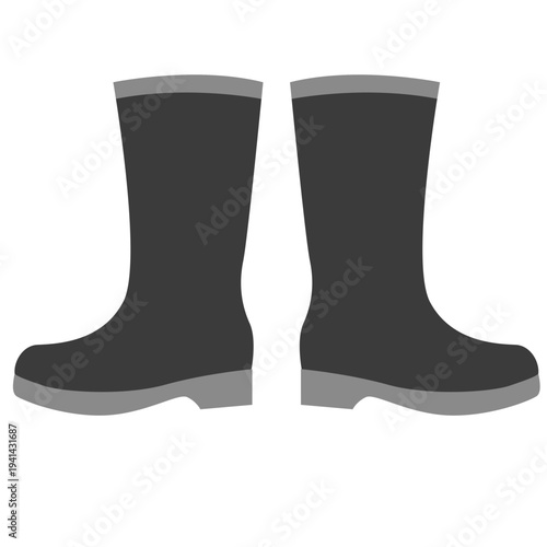 Black rubber boots ideal for gardening, outdoor work, wet conditions, waterproof protection, and practical footwear with flat design illustration style.