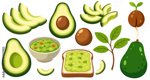Avocado Healthy Food Set Fresh Fruit Toast Salad Bowl Guacamole Ingredients Vegetarian Nutrition