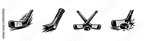 Set of four vector black and white hockey stick and puck illustrations
