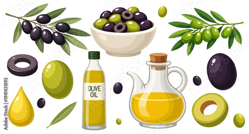 Green Black Olive Collection Bowl Branch Bottle Olive Oil Mediterranean Food Set