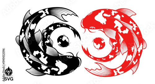 Yin Yang Koi Fish Symbol, Balance and Harmony, Black and Red