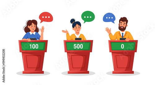 Illustration of three cartoon people competing in a quiz show with speech bubbles