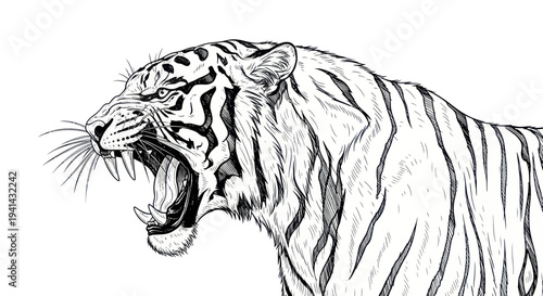 Fierce Tiger Roaring, Ink Sketch, Aggressive Predator, White Background