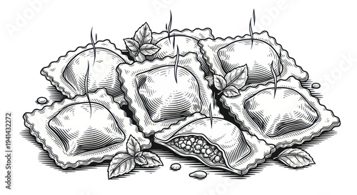 Hand-Drawn Ravioli with Basil Leaves and Toothpicks, Italian Food Illustration