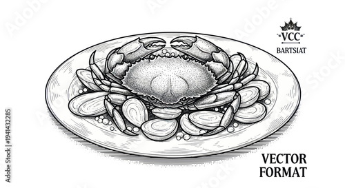 Hand-drawn Crab and Mussels Dish with Garlic, Vector Illustration