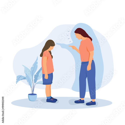 A mother yelling at her daughter. Vector illustration in blue. The mother is being aggressive towards her child. April is Child Abuse Prevention Month.