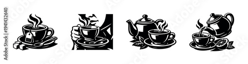 Black and white vector illustrations of steaming tea cups and teapots with leaves