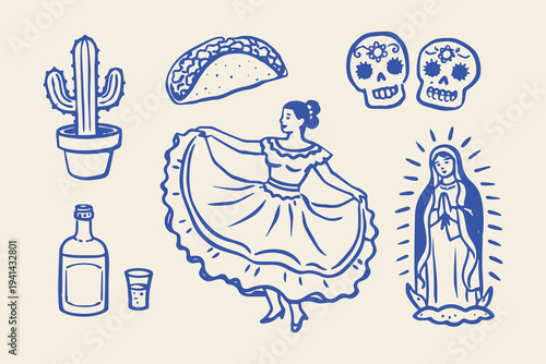 Mexican culture symbols doodle vector illustration