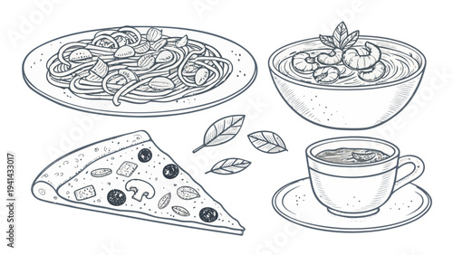 Hand drawn italian dishes vector bundle including pasta pizza soup and coffee