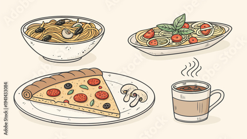 Hand drawn italian dishes and coffee vector bundle featuring pasta pizza and a cup of coffee on a beige background with a minimalist