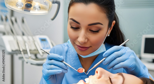 Female dentist in blue scrubs and gloves performing dental examination on a patient