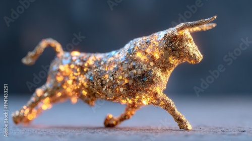 Golden bull sculpture shines with lights in close-up view