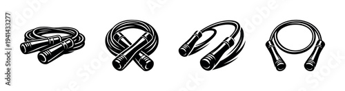 Set of jump rope vector illustrations in black and white silhouette style