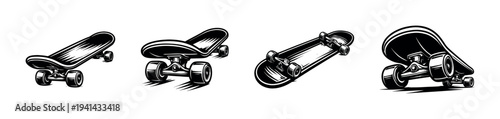 Set of black and white skateboard illustrations with multiple perspective views